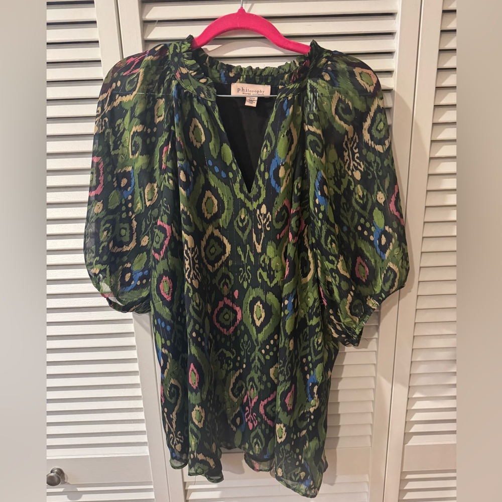 Philosophy Green Ikat-Pattern Puff Sleeve Blouse with Pink & Blue Accents
